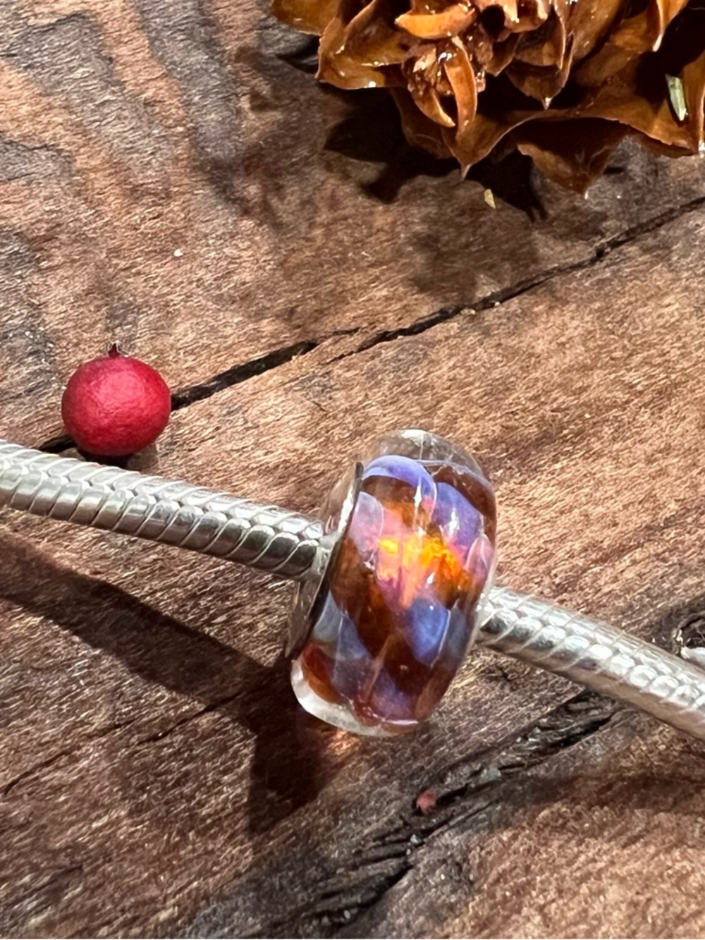 Authentic Chamilia Cinnamon Stick Murano Glass Amber Golden Brown Blue Electric